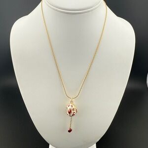 Gold Tone Rhinestone Enamel Egg Locket Pendant‎ Necklace Red Heart Charm
